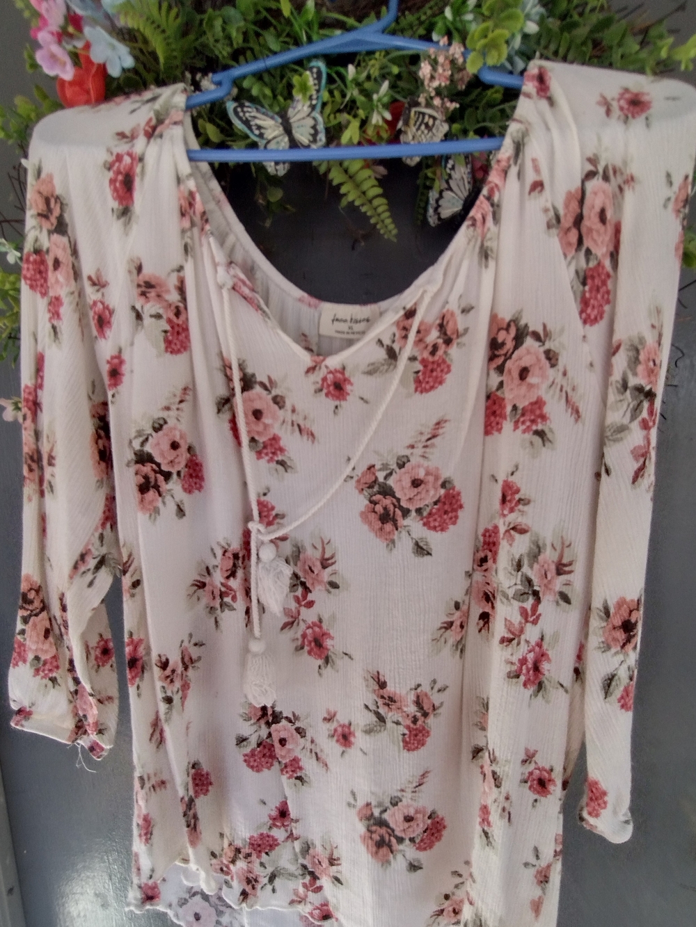 Free Kisses Cream Tunic with Pink Floral Print and Tassel Drawstring